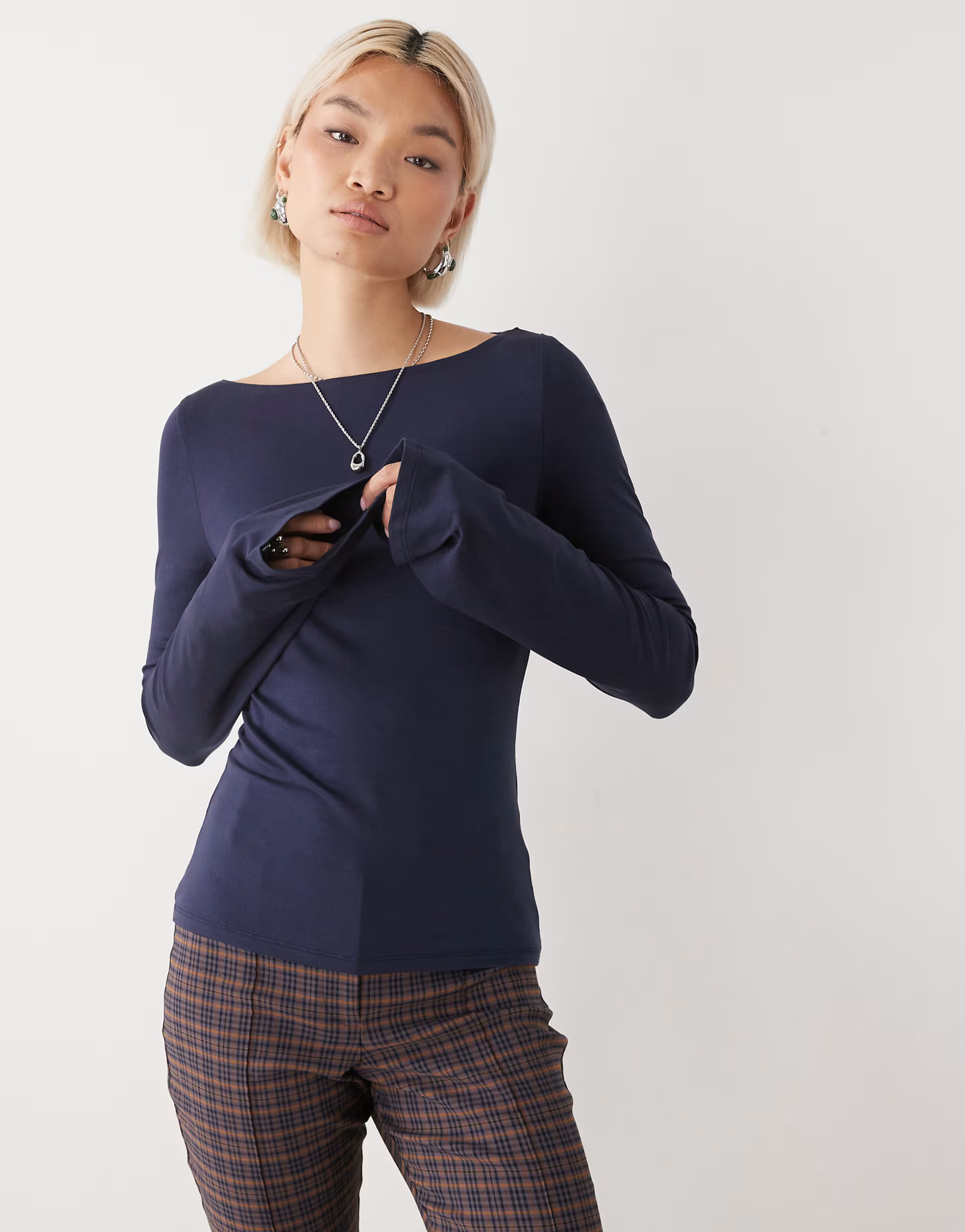 Weekday Annie super soft long sleeve boat neck top in dark navy - exclusive to ASOS | ASOS (Global)