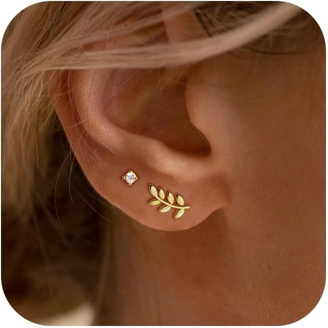 3 Pairs 14k CZ Gold Huggie Hoop Cartilage Earrings Set: Dainty CZ Stud Trendy Dangle Pearl Hoop Earrings Hypoallergenic Leaf Piercing Climber Huggie Earring for Women Gold Jewelry for Everyday | Amazon (US)