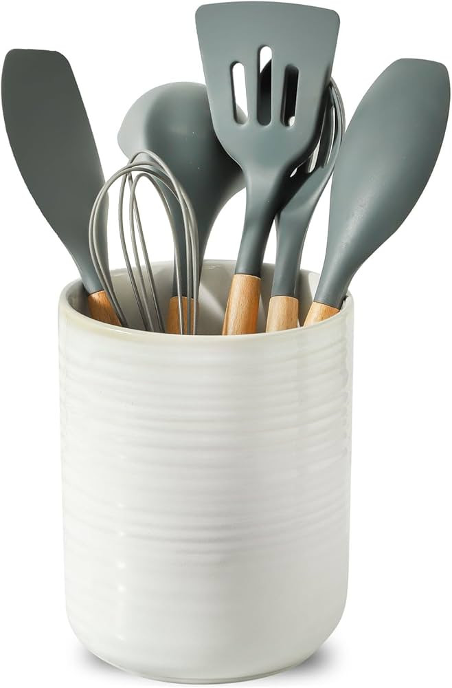HASENSE Large Utensil Holder, 7.4" x 6.2" Ceramic Utensil Holder for Kitchen Counter, Utensil Oga... | Amazon (US)