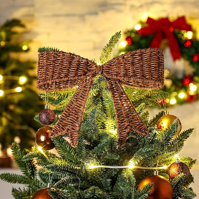 Rustic Christmas Tree Topper 11.4'' Rattan Bow Farmhouse Christmas Decor Retro Natural Xmas Tree ... | Amazon (US)