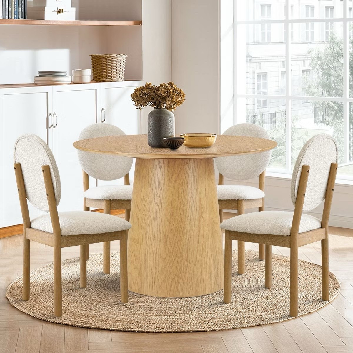 5 PCS Dining Table Set for 4 Modern Wood Round Table+4 Dining Chairs Cricle Paded Back & Natural Wood Leg for Dining Room,Indoor Furniture. Target sale. Similar looks are tagged  