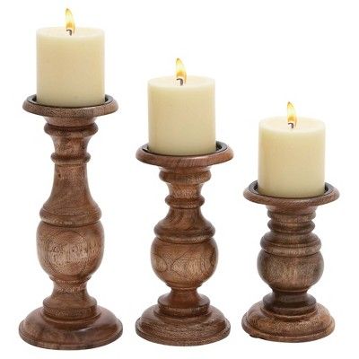 Rustic Chestnut Finish Pillar Candle Holder Set 3ct - Olivia & May | Target