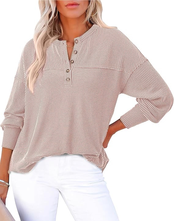 KIRUNDO Womens Tops Casual Ribbed Knit Long Sleeve Henley Shirts Button V Neck Curved Split Hem L... | Amazon (US)