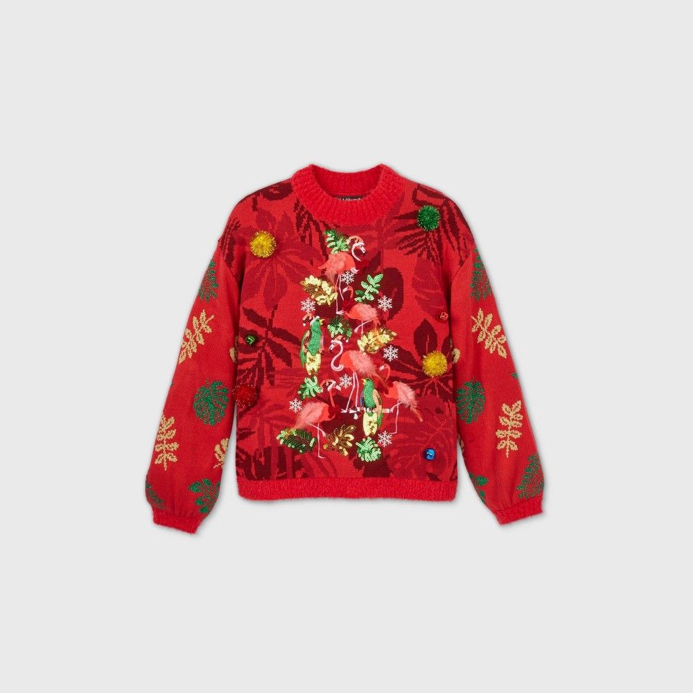 Women's Flamingo Christmas Tree Graphic Pullover Sweater - Red | Target