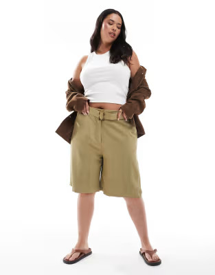 ASOS DESIGN Curve tailored longline belted city shorts with linen in khaki | ASOS | ASOS (Global)