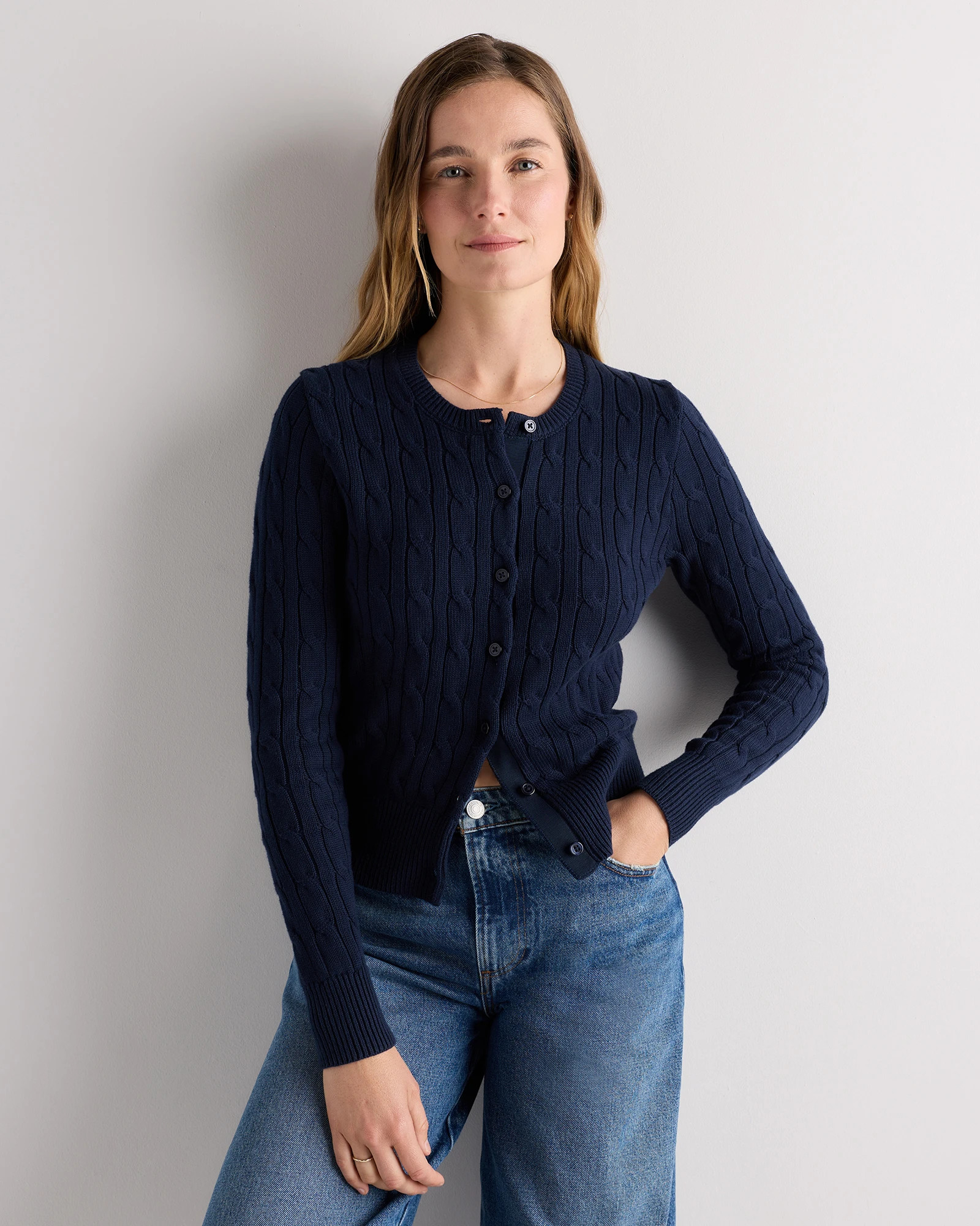 Quince | Women's Cable Crew Cardigan Sweater in Ivory, Size Large, Organic Cotton | Quince