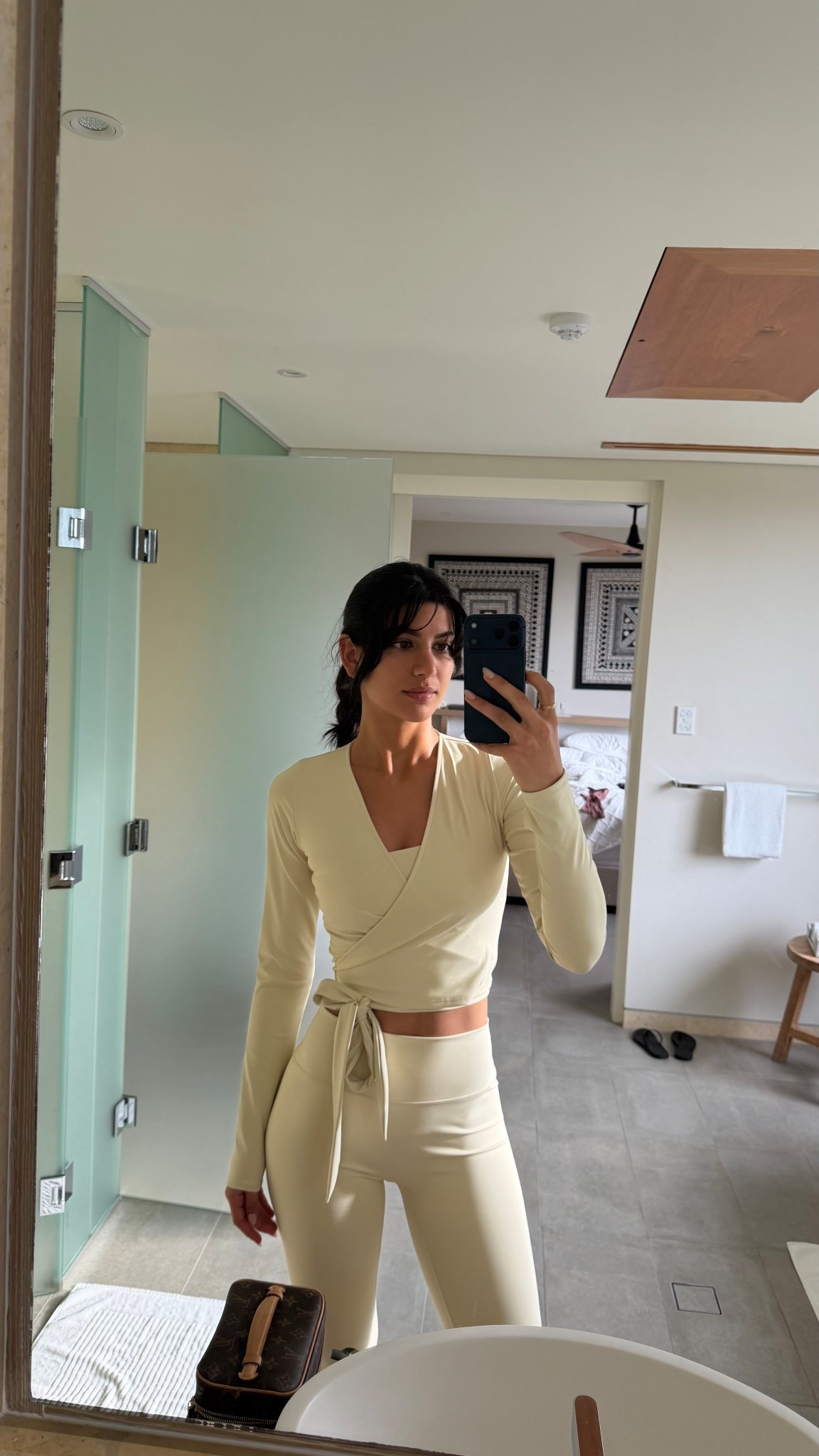 Wrap and leggings - size down 
Bra - medium, TTS
Long sleeve - small 