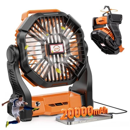 Camping Fan with LED Lantern, 20,000mAh Portable Battery Operated Outdoor Fan, Personal Rechargeable Fan for Travel, Hiking, Fishing, Picnic（Orange） | Walmart (US)