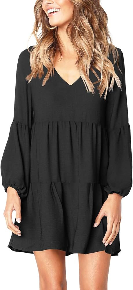 Amoretu Women Summer Casual Swing Ruffle Long Sleeve Tunic Dress Black L at Amazon Women’s Clot... | Amazon (US)