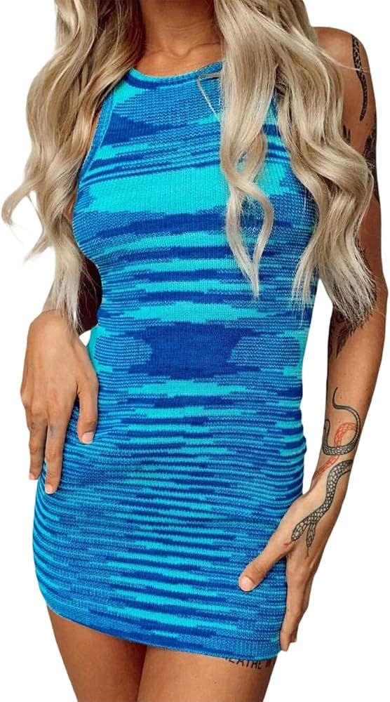 Women Sexy Halter Knit Dress Bodycon Y2K E-Girl Tie Dye Sleeveless Backless Midi Dress Summer Beach  | Amazon (US)