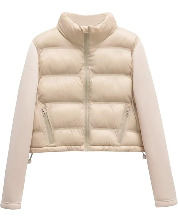 Womens Long Sleeve Patchwork Puffer Jacket Quilted Crew Neck Zip Up Coat with Pockets | Amazon (US)