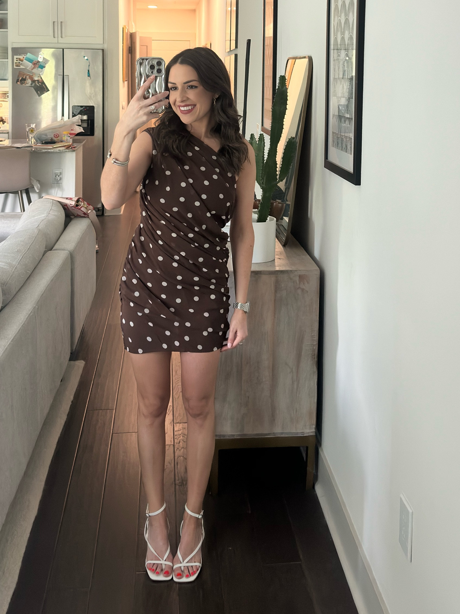 Brown polka dot one shoulder mini dress. Currently on sale, wearing XXS 

wedding guest dress 

#LTKSaleAlert #LTKStyleTip #LTKFindsUnder100