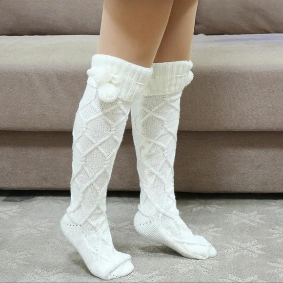 Over the knee cable knit pom pom socks | Poshmark