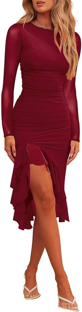 Hocuos Womens 2024 Round Neck Long Sleeve Ruffle Hem Midi Dress Mesh Ruched Bodycon Formal Cockta... | Amazon (US)