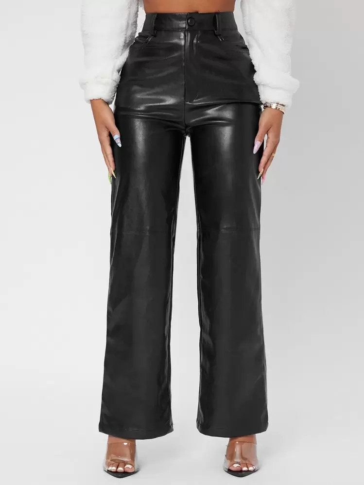 SHEIN PETITE Solid High Waist Straight Leg PU Leather Going Out Pants | SHEIN