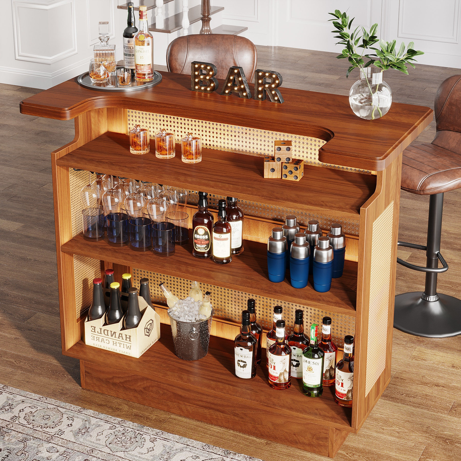 Tribesigns Home Bar Table 43.3 H x 47.2 W Caramel Brown 4 Tier Liquor Wine Bar Cabinet with 4 Stemware Racks and Heightened Base for Home Pub | Lowe's