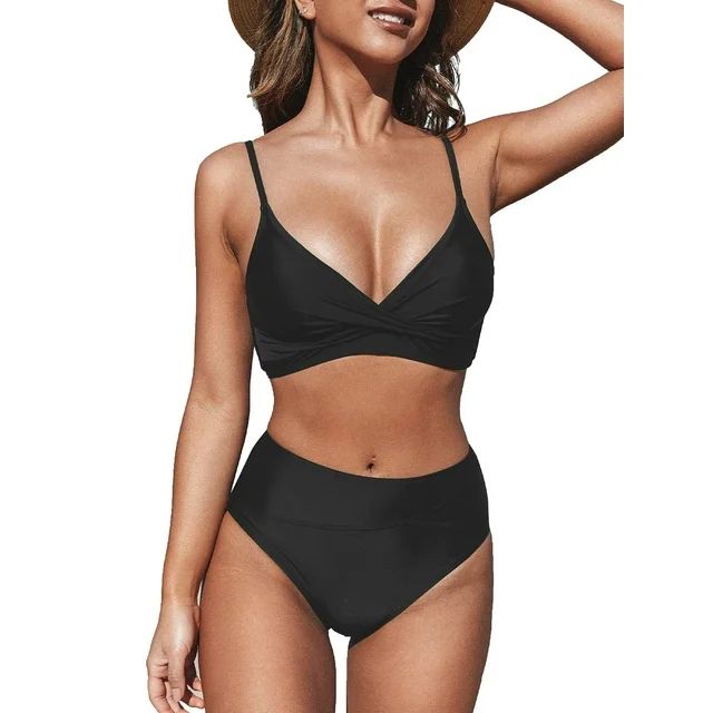 Cupshe Women's Black Twist Bikini Sets Swimsuit High Waisted Bathing Suit, M | Walmart (US)