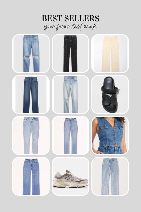 Last week’s top sellers 
Gap jeans 
Abercrombie curve love jeans 
American Eagle curvy fit jeans 
Target sandals 
Denim vest
Cargo pants 
New balance 9060 sneakers 

#LTKsalealert #LTKfindsunder100 #LTKSeasonal