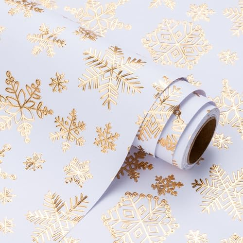 WRAPAHOLIC 3D Kraft Christmas Wrapping Paper Roll - Mini Roll - 17 Inch x 16.5 Feet - Gold and White Snowflake Wrapping Paper with Embossed Perfect for Christmas, Holiday, Party Celebration | Amazon (US)
