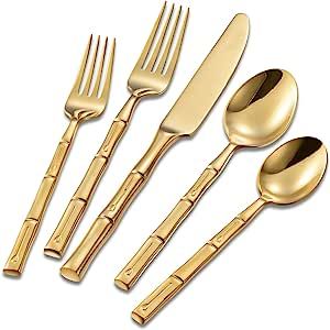 Flatasy Flatware Set Gold Silverware Set Stainless Steel Bamboo Handle Cutlery Set Mirror Polishe... | Amazon (US)