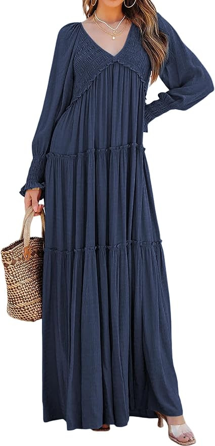 R.Vivimos Maxi Dress for Women Long Sleeve V Neck Empire Waist Layered Ruffle Boho Casual Flowy L... | Amazon (US)