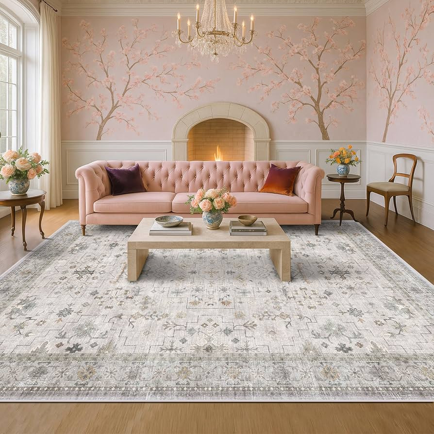 Boho Light Grey Living Room Rug 10x12 - Modern Vintage Eclectic Floral Pastel Neutral Taupe, Wash... | Amazon (US)