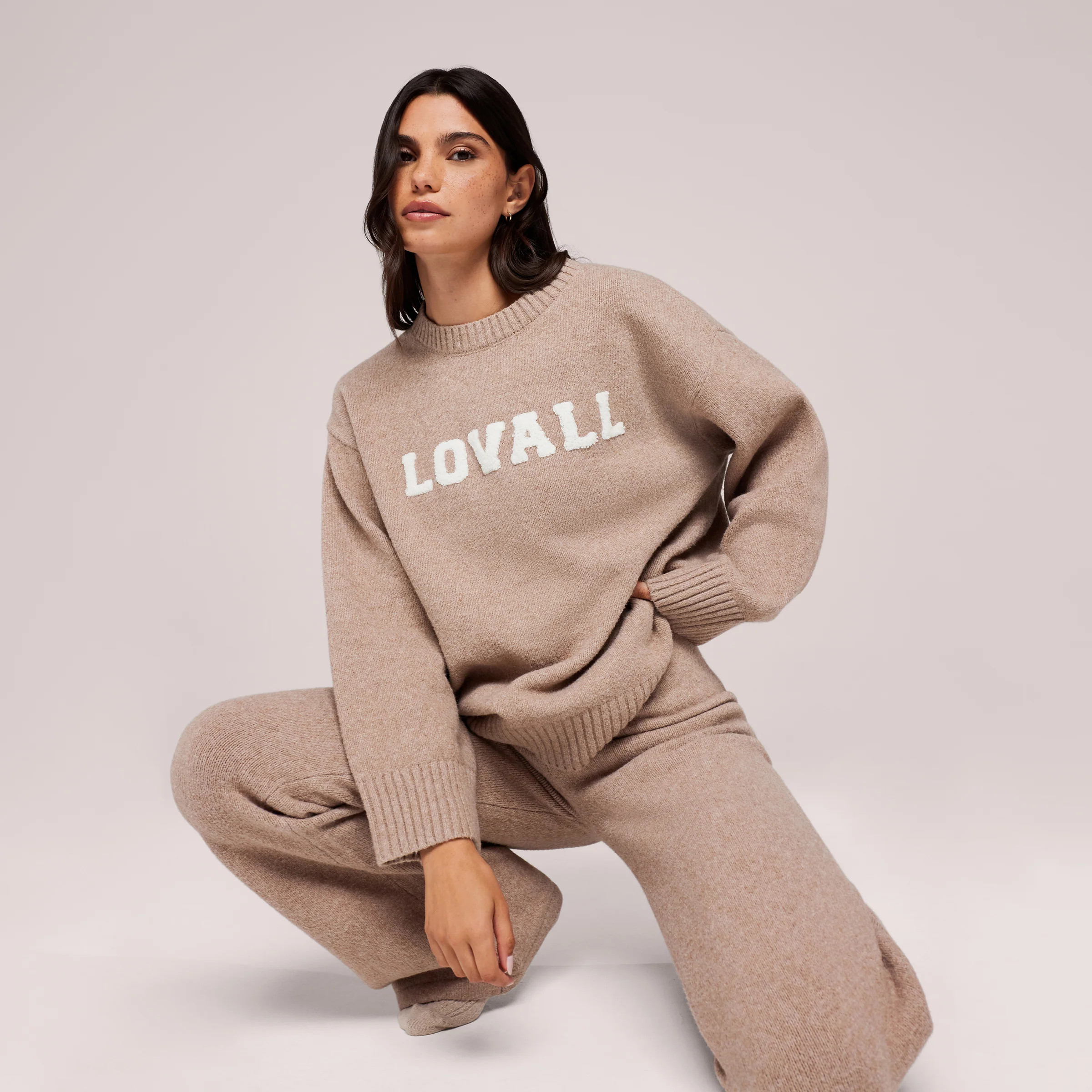 Wide Leg Knit Trousers - Biscuit | LOVALL