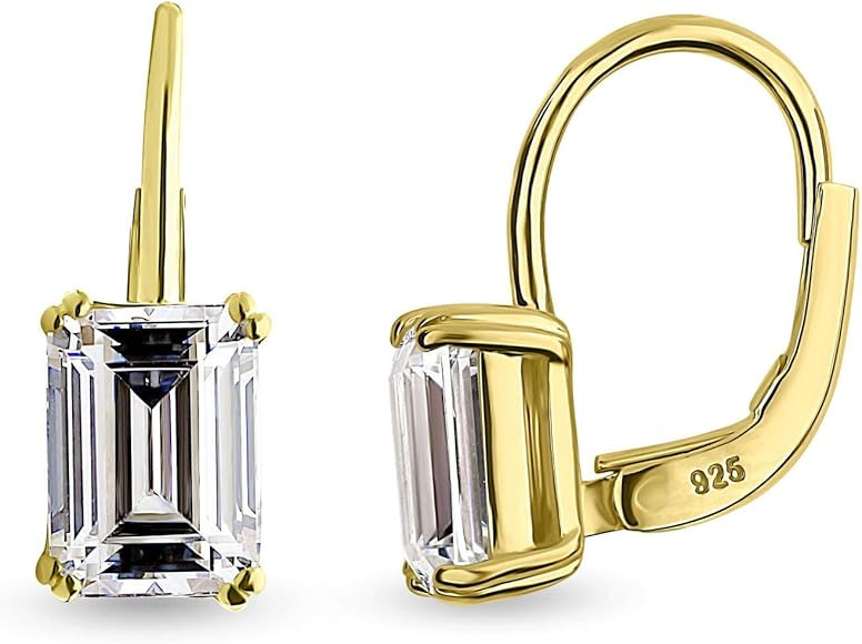 BERRICLE Yellow Gold Flashed Sterling Silver Emerald Cut Cubic Zirconia CZ Solitaire Leverback An... | Amazon (US)
