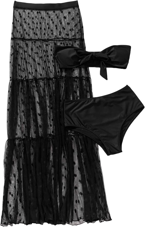 SheIn Women's 3 Pieces Tie Front Tube Top Bikini Swimsuit and Swimwear Cover Up Beach Skirt | Amazon (US)