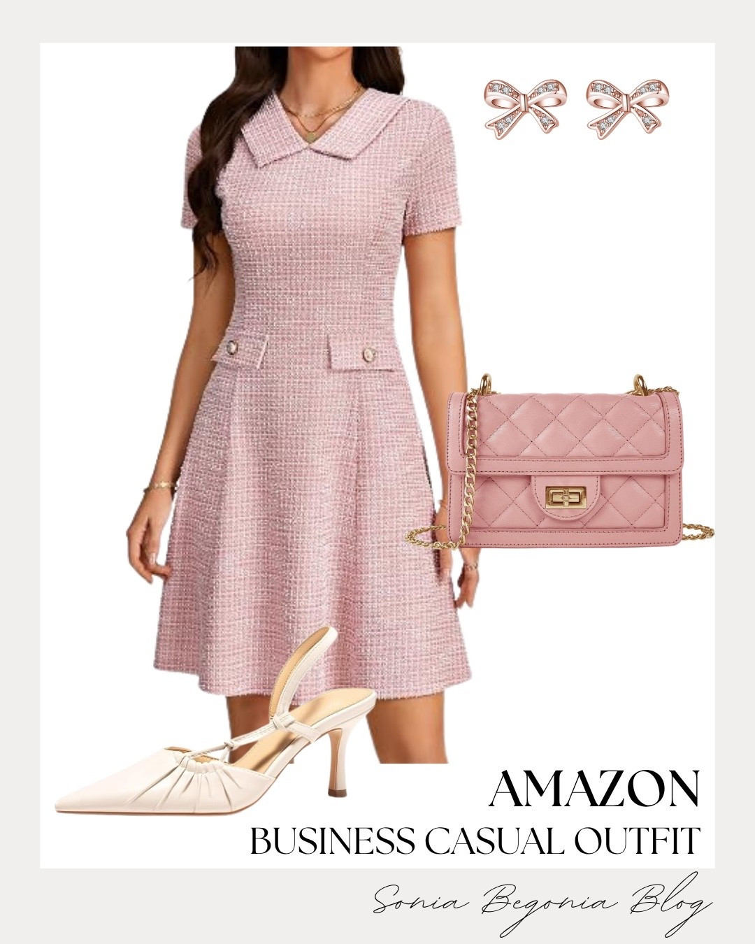 Pretty in pink for the office! 💕 

Styled a short-sleeve pink tweed A-line dress with a collared neckline, cream pointed-toe slingback heels, a quilted pink chain crossbody bag, and bow stud earrings. ✨

#AmazonFashion #BusinessCasual #WorkwearInspo #OfficeOOTD #LTKshopper

#LTKootd #LTKWorkwear