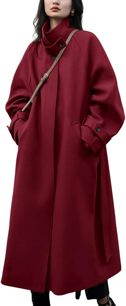 chouyatou Women's Winter Hidden Single Breasted Wool Coat Raglan Sleeve Business Long Wool Overco... | Amazon (US)