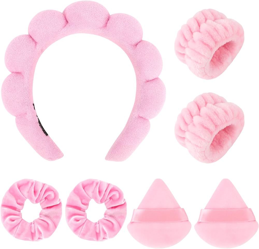Araluky 7Pcs Puffy Spa Headband and Wristband Set Skincare Headband for Washing Face Scrunchies P... | Amazon (US)