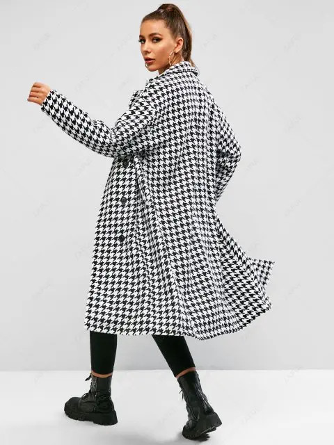 ZAFUL Houndstooth Long Coat - White M | ZAFUL (Global)