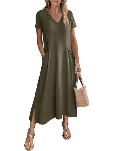 ANRABESS Women's Summer Casual Short Sleeve Long T Shirts Maxi Dresses V Neck Split 2025 Beach Va... | Amazon (US)