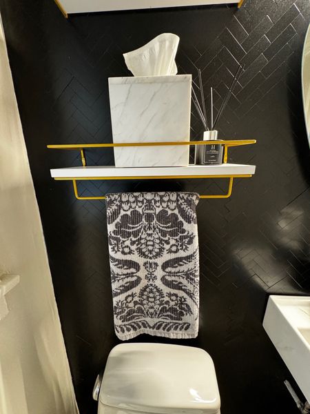 Linked all my bathroom decor: marble Kleenex box, floating shelves, anthropology hand towel, hotel collection reed diffuser in white tea and cedarwood, herringbone peel and stick tile  

#LTKfindsunder50 #LTKhome