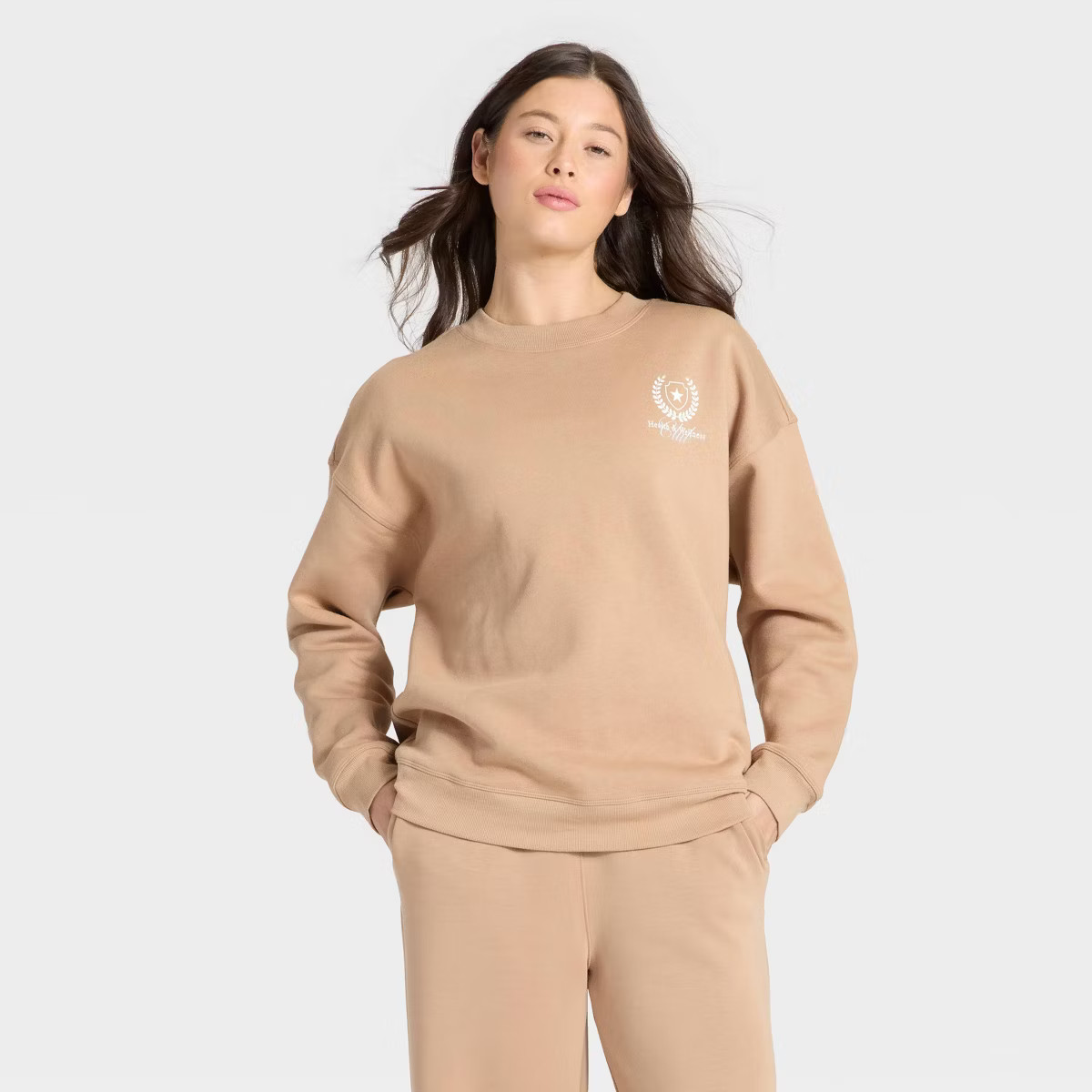 Women's Active Comfort Graphic Oversized Crewneck Sweatshirt - All In Motion™ Tan L | Target