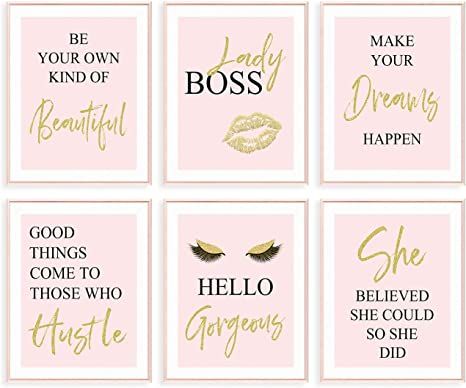 Inspirational Wall Art, Bedroom Decor for Women, Pink Room Decor, Teen Girls Fashion Makeup Home ... | Amazon (US)