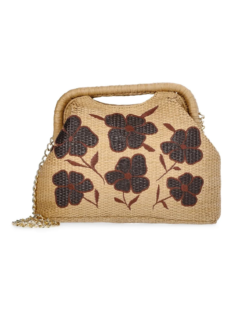 Time and Tru Women's Embroidered Straw Frame Clutch Handbag, Natural | Walmart (US)