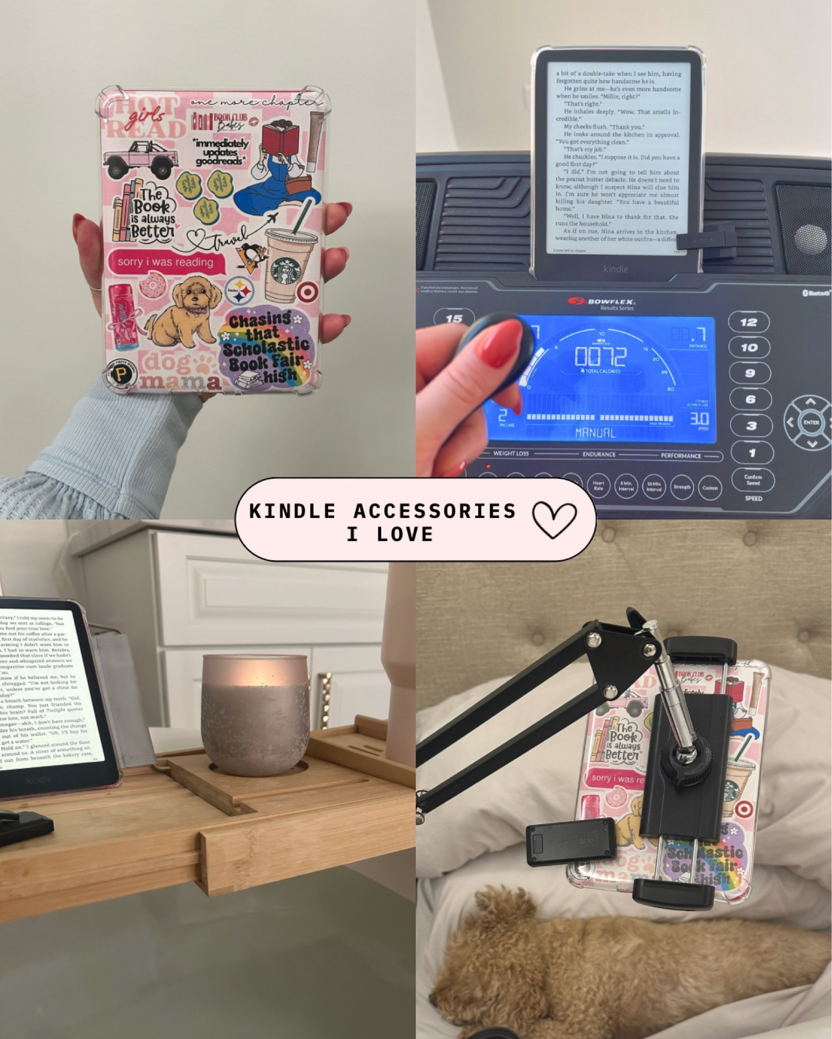 Kindle Accessories I Love:
• My clear case so I can use inserts I make
• My Kindle remote (amazing for bed time or workout reading!) 
• My bath tub caddy for bath time reading
• (my fav!) My Kindle stand for reading in bed or on the couch! These are great for people with walking pads too! 

#LTKFindsUnder50 #LTKHome #LTKFitness