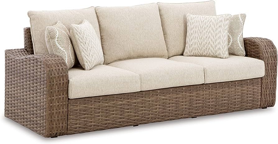 Signature Design by Ashley Sandy Bloom Casual Outdoor Sofa with Cushion, Light Brown & White | Amazon (US)