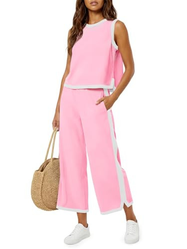 Fisoew Womens 2 Piece Outfits Summer Sleeveless Wide Leg Capris Tracksuits Casual Cotrast Colors Lounge Sets | Amazon (US)