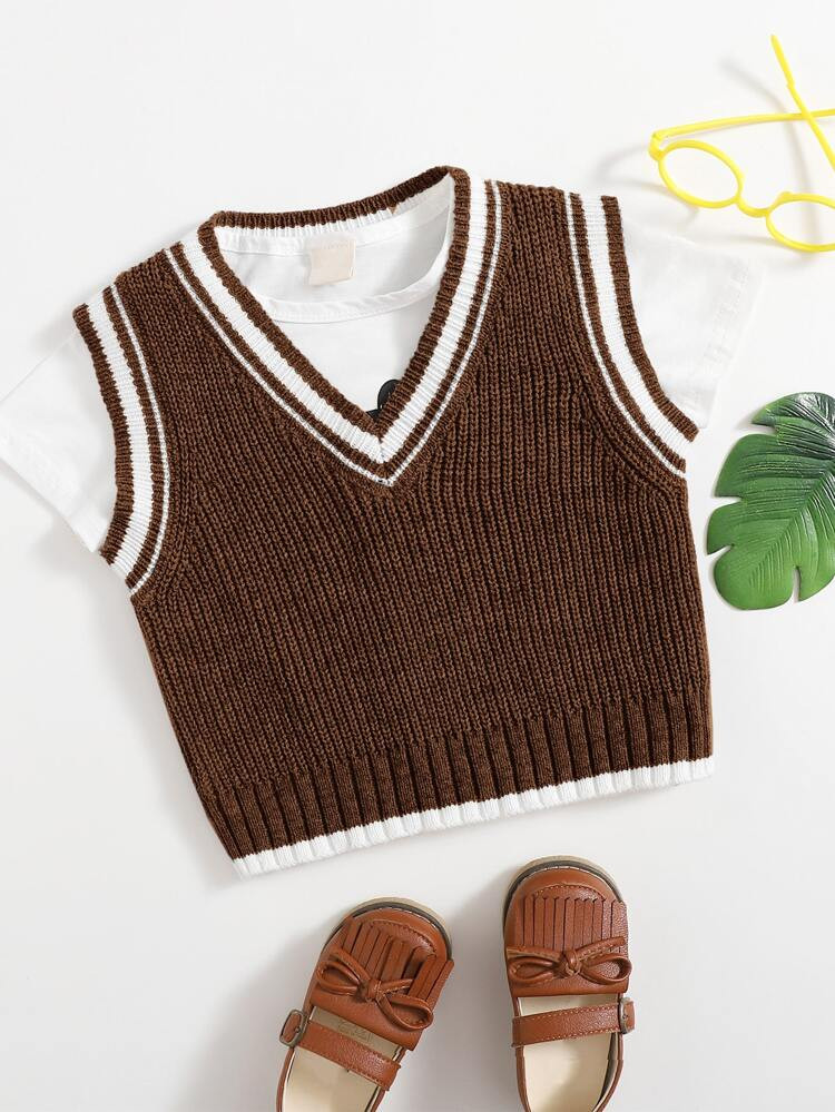 SHEIN Girls V-neck Contrast Trim Sweater Vest | SHEIN