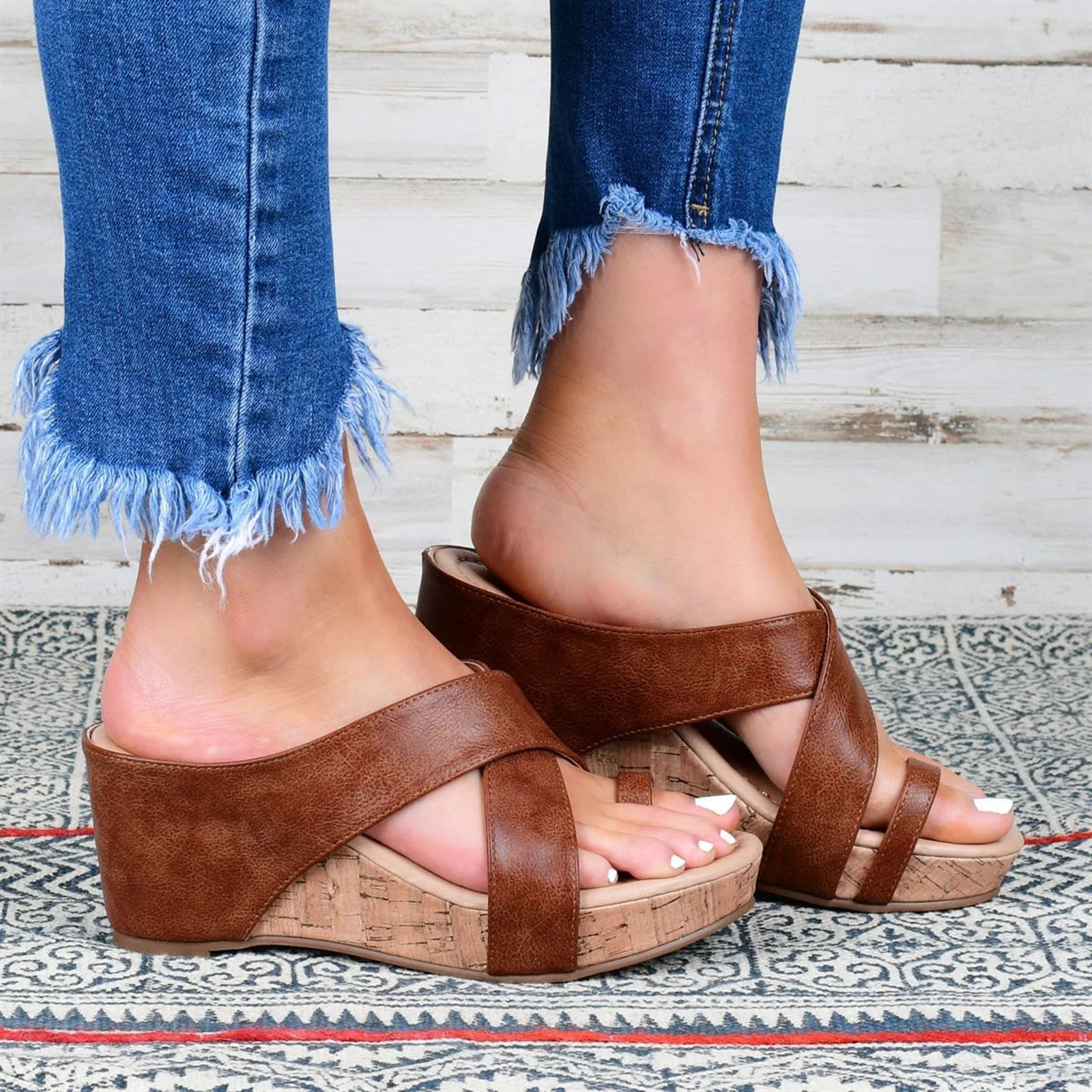 Cathalem Women's Summer Solid Color Non Slip Slip On Fish Mouth Wedges Beach Open Toe Breathable ... | Walmart (US)