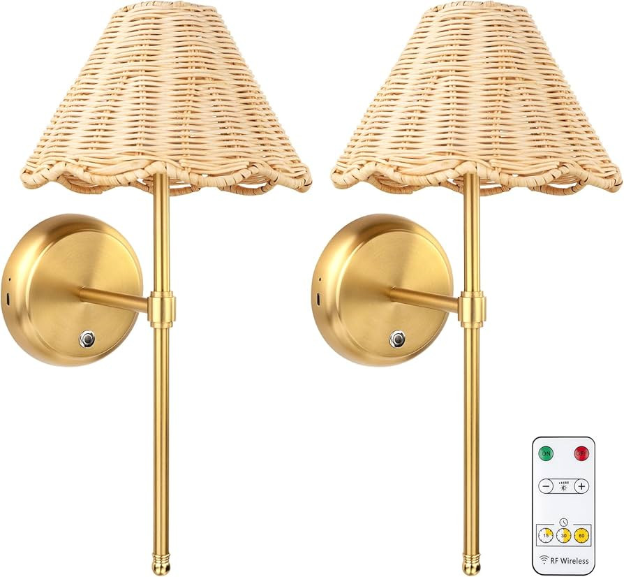 Battery Operated Boho Rattan Wall Sconce Set of 2, Stepless Dimming Magnetic Wall Lamp, 5200mAh R... | Amazon (US)