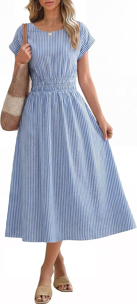 ANRABESS Womens Summer Midi Dress Striped Casual Short Sleeve Crewneck Elastic Waist 2026 Flowy L... | Amazon (US)