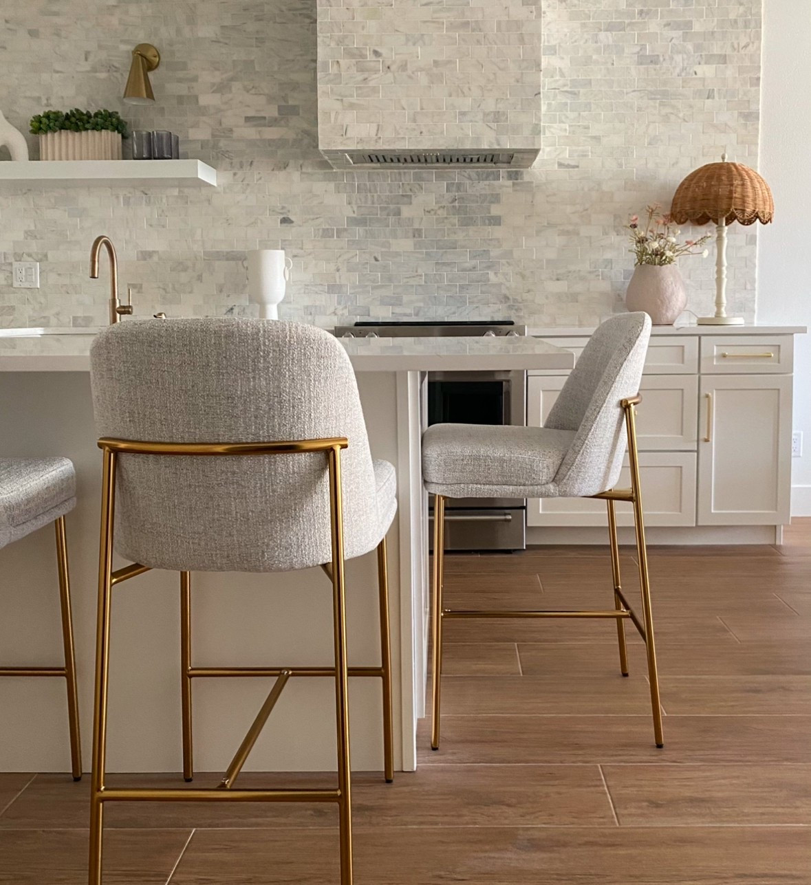 Beautiful counter stools at the beach condo. Durable fabric and comfy! 
