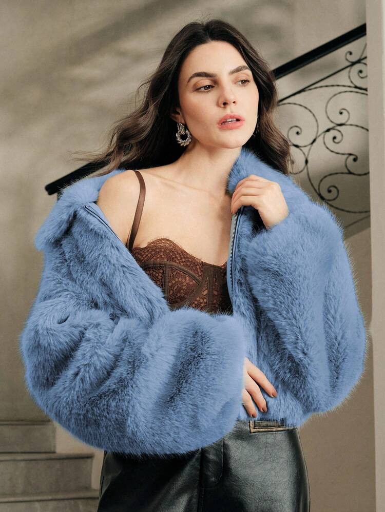 Anewsta Casual Zip-Up Faux Fur Collar Jacket | SHEIN