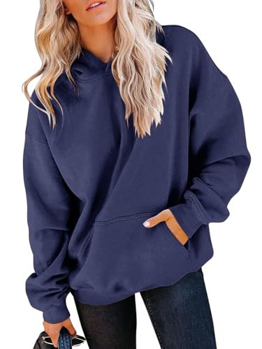 TICTICMIMI Women's Hoodies Sweatshirts Cute Long Sleeve Tops Loose Fleece Pullover Shirts with Pocket Navy Blue | Amazon (US)