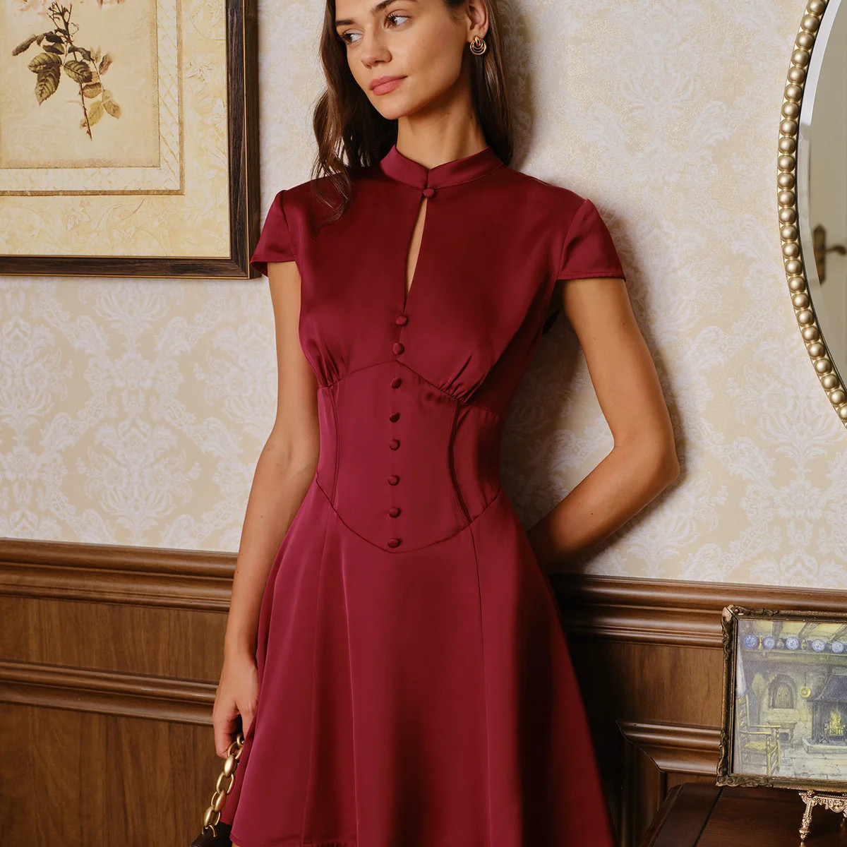 Red Mandarin Collar Satin Mini Dress & Reviews - Red - Dresses | RIHOAS | rihoas.com