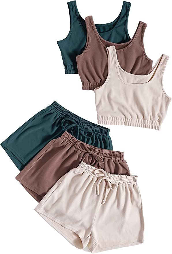 SheIn Women's 6 Pieces Outfits Tank Crop Top and Elastic Waist Shorts Lounge Set | Amazon (US)